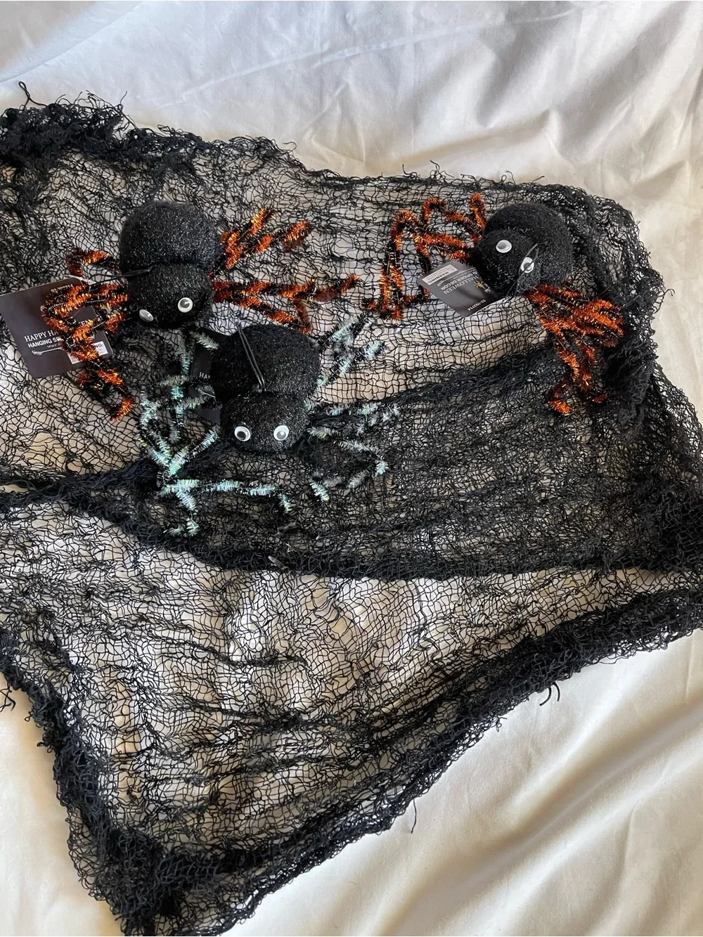 3 Vintage Posable Spiders With Black Netting for web Halloween Decor Props